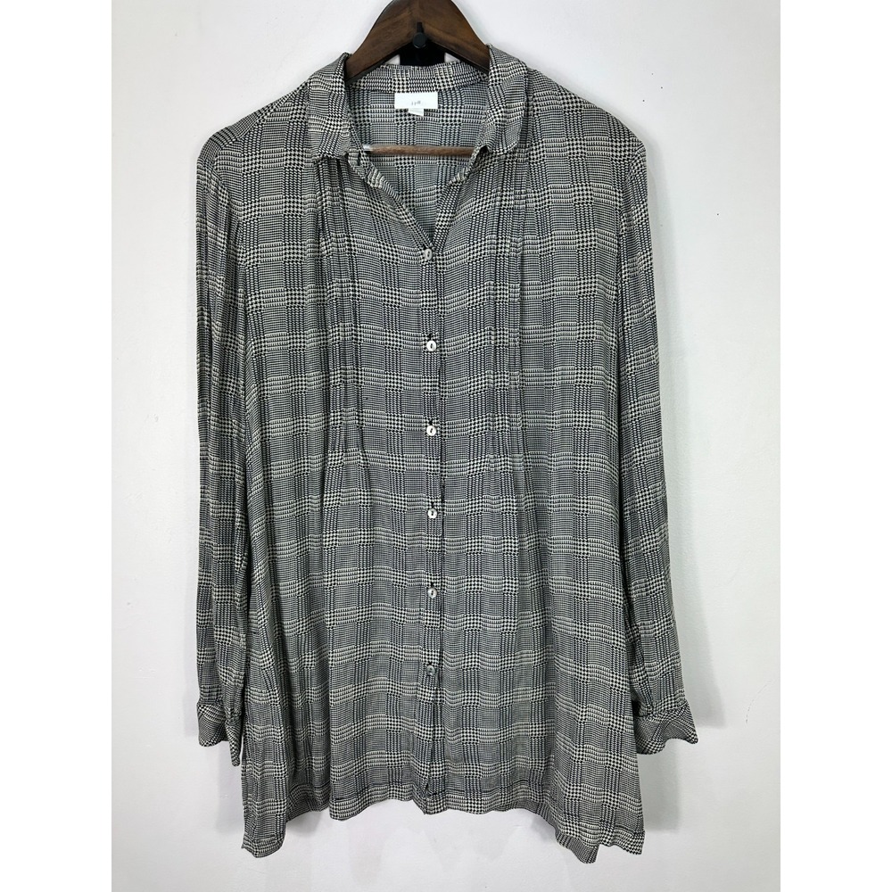 J. Jill Button Front Tunic Womens Medium Black White Plaid Long Sleeve Rayon Top